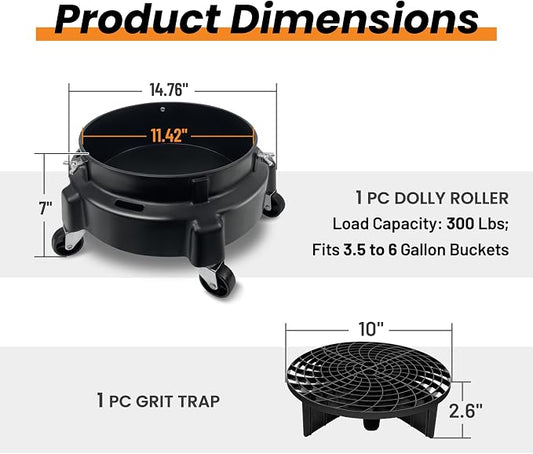 ROBLOCK 5 Gallon Bucket Dolly Roller with Wheels, Detailing Bucket Dolly with Dirt and Grit Traps Insert, Car Wash Accessories for Car Washing, Cleaning, Carrying