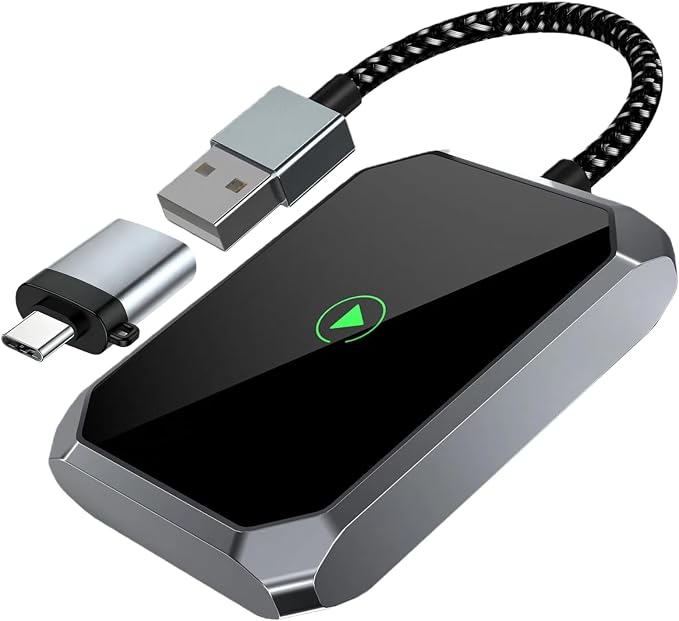 Wireless CarPlay Adapter, 2 in 1, USB-C/USB-A, Black | Apple CarPlay and Android Auto, iOS 7.1+ & Android Compatible, Plug & Play, Seamless Auto-Reconnect, No Delay