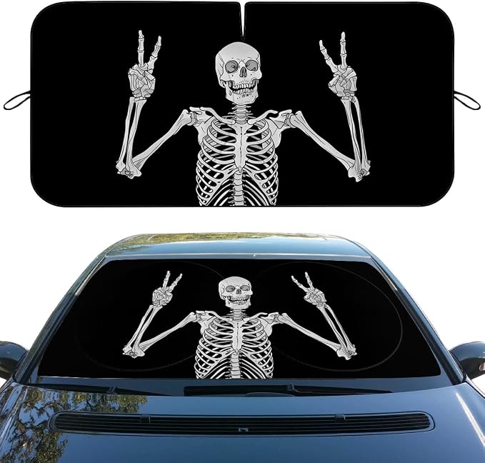 Funny Skull Car Windshield Sunshade Folding Human Skeleton Black Heatshield Front Window Car Sun Shade Windshield Rays Sun Shade Visor Protector for Car Sedan Truck SUV Accessories 59" L x 31.5" W
