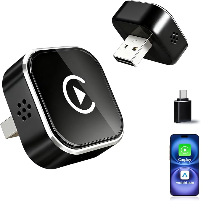 Mini Wireless CarPlay Adapter for iPhone, 2-in-1 for Apple CarPlay & Android Auto Adapter, Convert Wired to Wireless, Plug & Play, Auto Connect, USB to Type-C, No Delay, for iOS 10+ & Android 11+