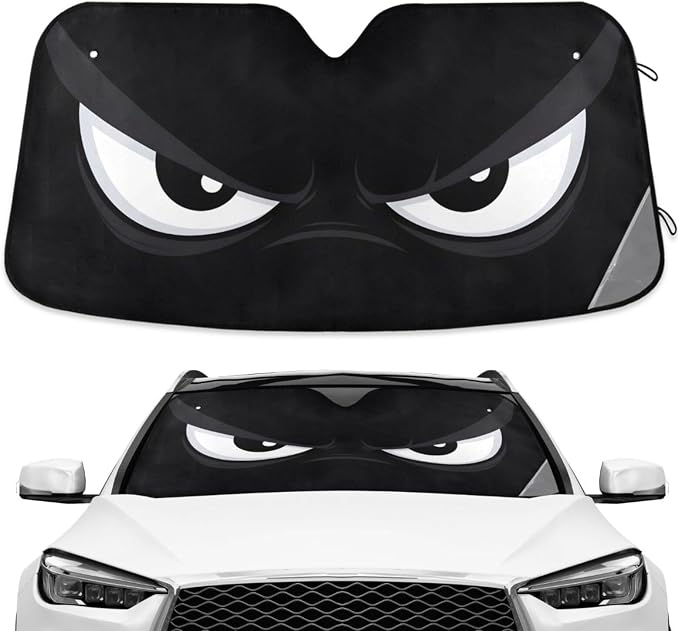 Evil White Eyes Black Windshield Sunshade Car Sun Shade Front Window Shade for Truck SUV Blocks UV Rays Sun Reflector Visor Protector Accordion Folding