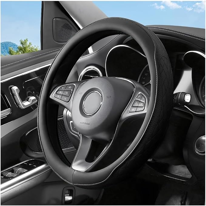 Zpana Car Steering Wheel Cover, 14.5-15" Breathable Soft Leather Vehicle Steering Wheel Protector with Anti-Slip Lining, Comfortable Auto Interior Decoration Accessories, Universal Fit (Black)