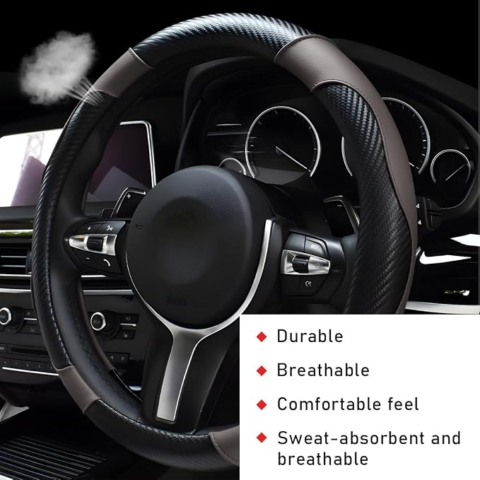 povtii Car Steering Wheel Cover, 15 Inch Leather Breathable Auto Steering Wheel Protector, Comfortable Non-Slip Vehicle Steering Wheel Covers, Universal Car Accessories (Gray, with Lining)