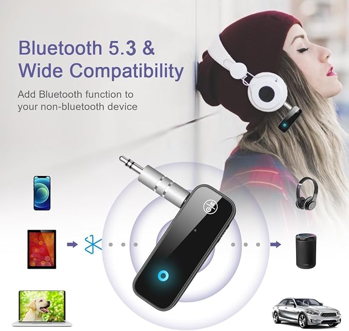 2 Pack Aux Bluetooth Adapter for Car, 2 in 1 Bluetooth 5.3 Transmitter Receiver for Headphones Car Home Audio Speaker, Portable 3.5mm Wireless Audio Receiver, Hands-Free Call