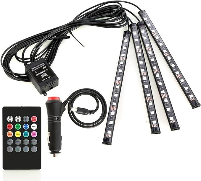 Car LED Strip Light Interior, Sound Active 4 Lines 48 LEDs Multicolor Music Sync Interior Car Lights Under Dash Waterproof led Lights for car, Wireless Remote Control, with Car Charger,DC 12V