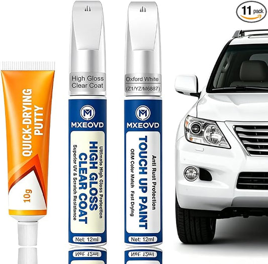 Oxford White Z1/YZ/M6887 Touch Up Paint Compatible with Ford, All in One Car Scratch Repair Kit with Primer Putty & Clear Coat, Complete Sanding Tools Set for Scratches Chips Nicks