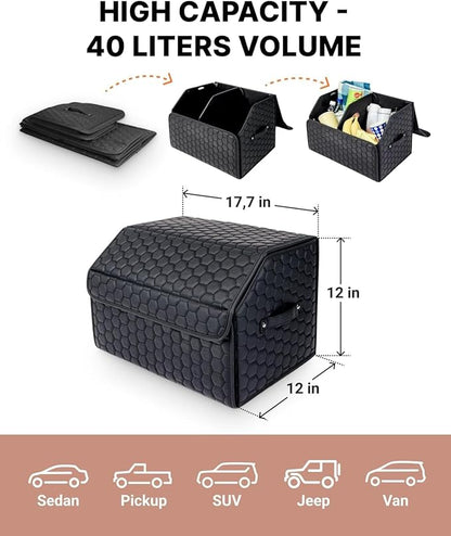 Owleys Cargo Organizer 17.7" - Compact Storage Totes with Lids for SUV, Sedan or Truck - Durable Car Crate for Travel Essentials - Black