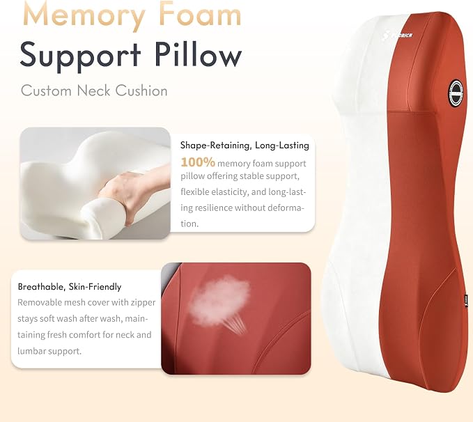 FLORICH Memory Foam Car Seat Cushion and Integrated Neck Pillow Lumbar Support Ergonomic Seat Cushion Breathable Back Support Headrest for Truck Driver Long Driving Sciatica Tailbone Pain Relief, Red