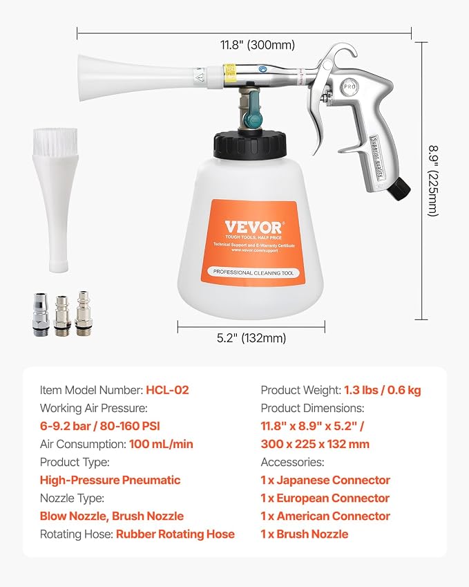 VEVOR Car Cleaning Gun, 6-9.2 Bar High-Pressure Air Blow Gun with 2 Set Nozzles & 1L Liquid Bottle, Vortex Cleaning Gun, Quickly Blasts Dirt and Dust from Surface, Work with 1/4 NPT Air Compressor