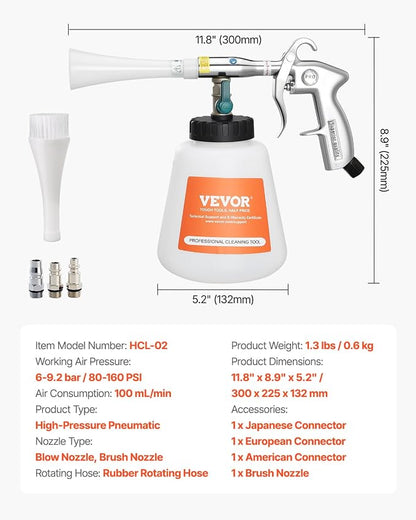 VEVOR Car Cleaning Gun, 6-9.2 Bar High-Pressure Air Blow Gun with 2 Set Nozzles & 1L Liquid Bottle, Vortex Cleaning Gun, Quickly Blasts Dirt and Dust from Surface, Work with 1/4 NPT Air Compressor