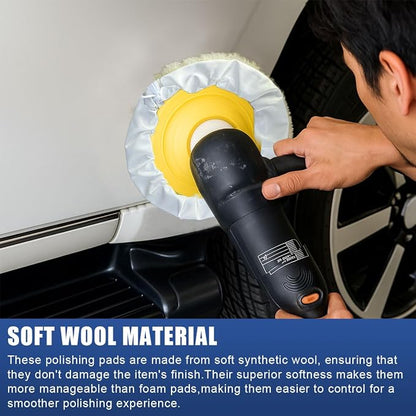 6PCS 7 Inch Wool Car Buffing Pads, Lamb Fleece Polishing Pad Buffer Polisher Bonnets, Drawstring Design Drill Buffer Polisher Attachment for Car Detailing, Glass, Furniture
