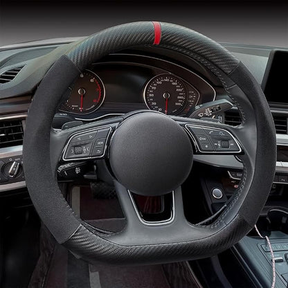 Carodi Suede Carbon Fiber Steering Wheel Cover，Non-Slip Leather Car Interior Fitting 15-inch Universal（D-Shape,Black Suede with Carbon Fiber）
