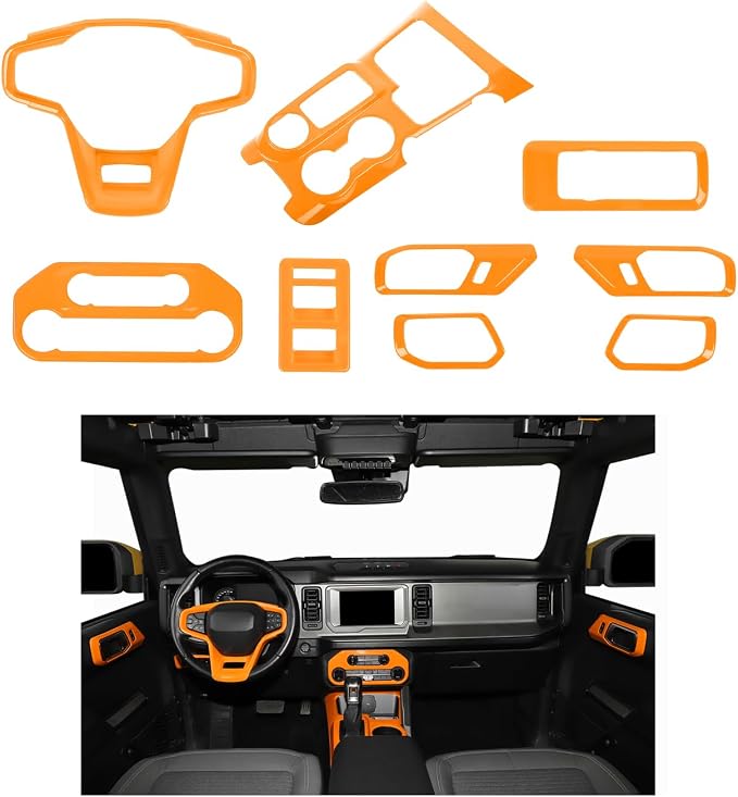 9PCS Full Set Interior Trim Kit Fit for Ford Bronco 2021-2024 4 Door,Center Console Gear Shift Panel Inner Door Handle (Orange)