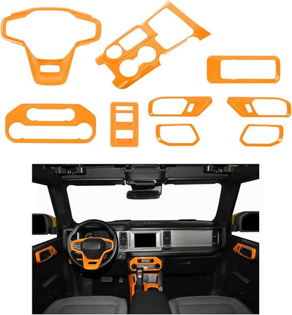 9PCS Full Set Interior Trim Kit Fit for Ford Bronco 2021-2024 4 Door,Center Console Gear Shift Panel Inner Door Handle (Orange)