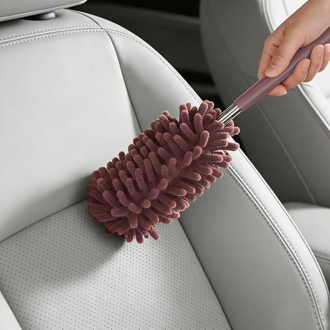 Zpana 2PCS Car Interior Duster with Extension Pole, Soft Chenille Retractable Washable Dash Detailing Cleaner, Auto Window Cleaning Brush Duster for Interior Exterior, Universal Fit (Coffee)