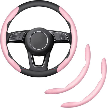 2-Piece Steering Wheel Cover, Carbon Fiber Segmented Steering Wheel Protector, Universal and Anti-Slip Durable Car Leather Protective Cover, Car Interior Accessories for Women and Men (Pink)
