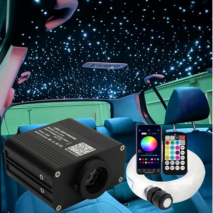 AZIMOM 16W Twinkle & Sound Activate 650pcs*0.03in*9.8ft Fiber Optic Starlight Headliner Kits for Car Home Star Ceiling Sky Decoration, APP& Remote Control Light Engine End Glow Fiber