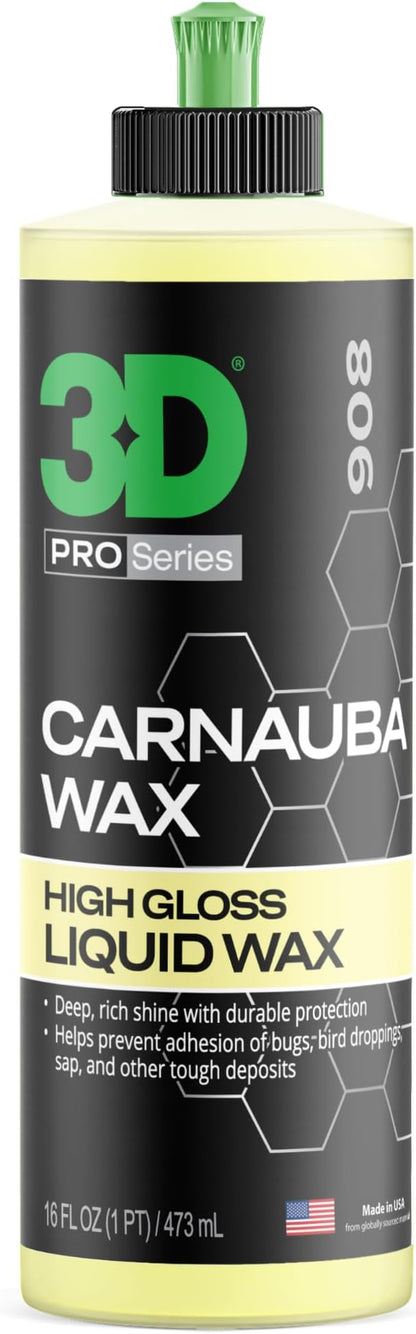 3D Carnauba Wax – Liquid Brazilian #1 Grade Wax for Deep Gloss & UV Protection | Easy Application | Safe on All Paint | Non-Staining Formula | Made in USA | 16 oz