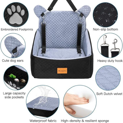 Dog car Seats for Small/Medium Dogs up to 33lbs- Washable, Waterproof, Dog Booster & car Seats with 2 Easy-Install Safety Belts, Non-Slip Base & Storage Pocket(Grey Black).