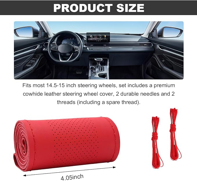 Wevdn Genuine Leather Steering Wheel Cover, Stitch on Wrap, DIY Sewing Steering Wheel Protector, 15 Inch Breathable Non-Slip Steering Wheel Protector, Car Accessories (Red, Middle Hole)