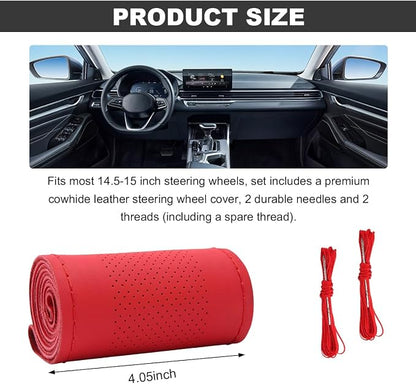 Wevdn Genuine Leather Steering Wheel Cover, Stitch on Wrap, DIY Sewing Steering Wheel Protector, 15 Inch Breathable Non-Slip Steering Wheel Protector, Car Accessories (Red, Middle Hole)