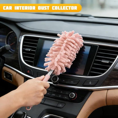 Zpana 2PCS Car Interior Duster with Extension Pole, Soft Chenille Retractable Washable Dash Detailing Cleaner, Auto Window Cleaning Brush Duster for Interior Exterior, Universal Fit (Pink)