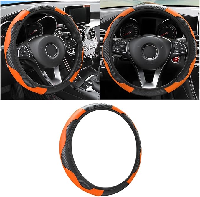 Osilly Car Steering Wheel Cover, 15 inch Carbon Fiber Microfiber PU Leather Elastic Steering Wheel Protector for Men Women, Anti-Slip Breathable Car Interior Accessories for Most Cars (Black/Orange)