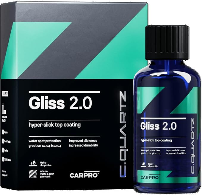 CARPRO Gliss 2.0 - Ceramic Coating for Cars - Hydrophobic Topcoat – Extreme Slickness & Water Spot Protection w/Microfiber Applicators - Repels Oil, Dirt & Grime Making Car Easy to Clean - 50ml Kit