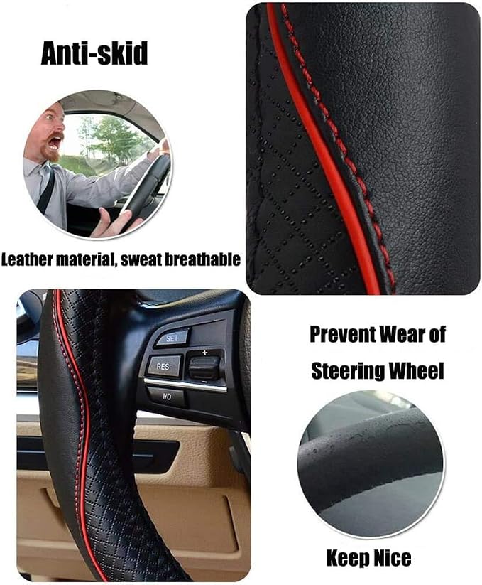 Valleycomfy Steering Wheel Covers Universal 15 inch - Genuine Leather, Breathable, Anti Slip & Odor Free (Black with Red Lines, M(14" 1/2-15" 1/4))