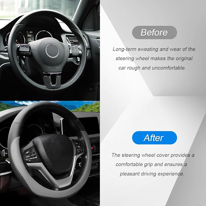 Car Steering Wheel Cover, 14.5"-15" Leather Anti-Slip Sporty Vehicle Steering Wheel Protector, Soft Breathable Auto Interior Decoration Accessories, Universal for SUV Truck Sedan (Grey)