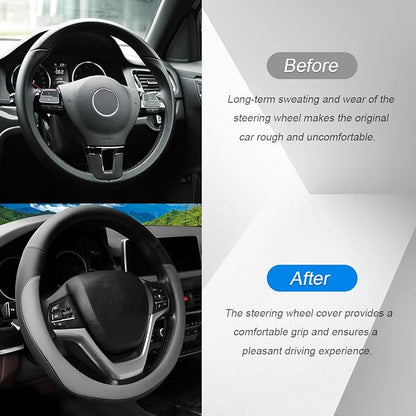Car Steering Wheel Cover, 14.5"-15" Leather Anti-Slip Sporty Vehicle Steering Wheel Protector, Soft Breathable Auto Interior Decoration Accessories, Universal for SUV Truck Sedan (Grey)