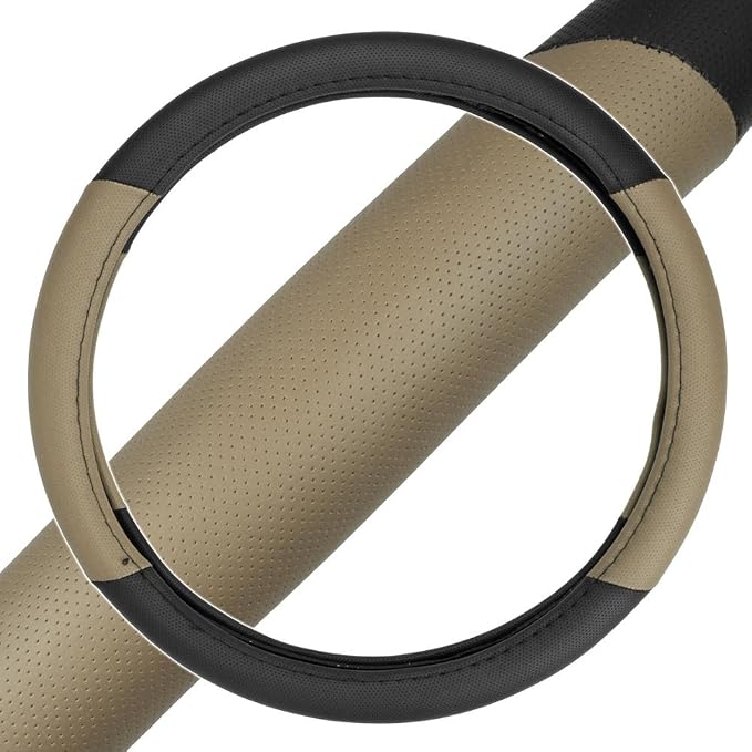 BDK Two Tone Perforated PU Leather Steering Wheel Cover for Car Van SUV Truck, 14.5 to 15 inch, Standard, Beige