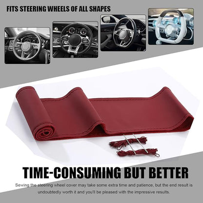 Wevdn Genuine Leather Steering Wheel Cover, Stitch on Wrap, DIY Sewing Steering Wheel Protector, 15 Inch Breathable Non-Slip Steering Wheel Protector, Car Accessories (Wine Red, Glossy)
