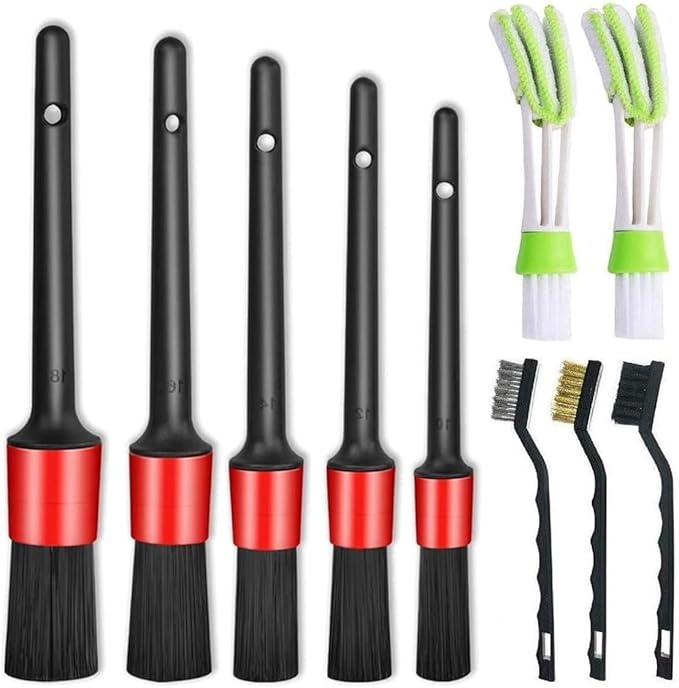 Nurkul 11Pcs Auto Detailing Set, Boar Hair Brushes, Steel Wire & A/C Brushes, Red, Soft Bristles, Wood Handles for Cleaning Interior, Exterior, Leather, 6 Sizes