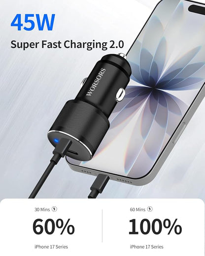 Dual 45W USB C Car Charger, 90W Max Super Fast Charging, All Metal 12V Cigarette Lighter Adapter for iPhone 17 Pro Max/16/15/iPad, Samsung Galaxy S26/S25, Google Phones with 2 Type C Cable 3.3ft Black