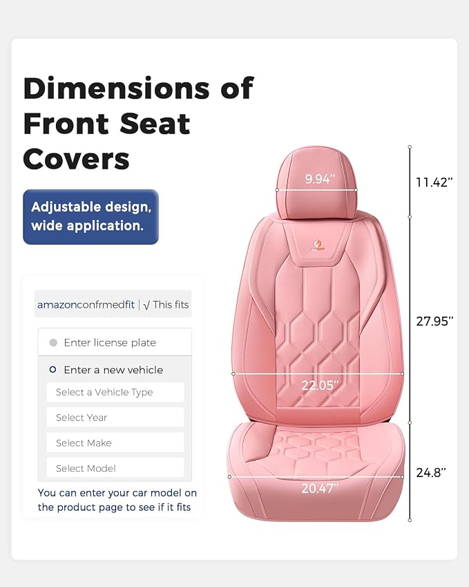 Huidasource Front Seat Covers, Universal Fit for Most Cars SUV Trucks, Full Coverage Leather Seat Cover, Airbag Compatble, Seat Function Retain, Storage Pocket Design, Easy to Install, Pink