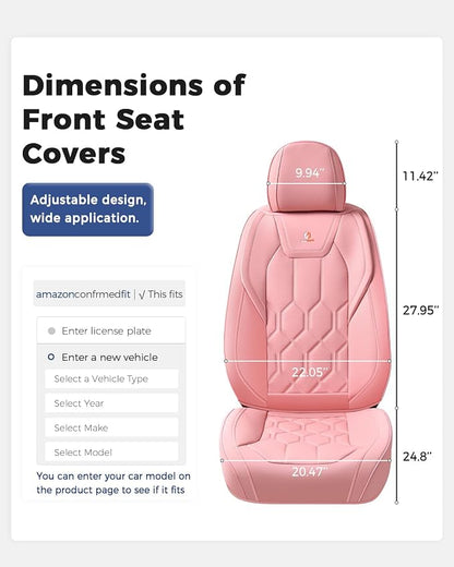 Huidasource Front Seat Covers, Universal Fit for Most Cars SUV Trucks, Full Coverage Leather Seat Cover, Airbag Compatble, Seat Function Retain, Storage Pocket Design, Easy to Install, Pink