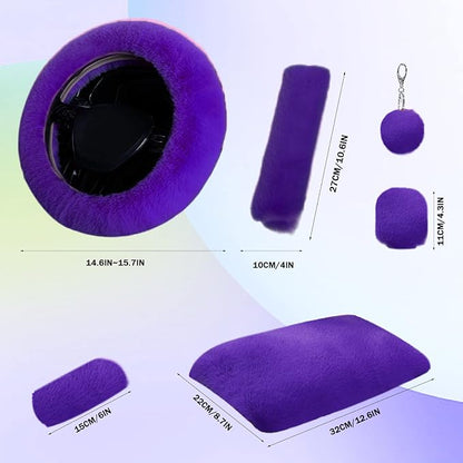 7PCS Set car Interior Aesthetic Accessories, Fluffy 15 inch Steering Wheel Cover, armrest pad, seat Belt Cover,Gear Shift Cover, Fit Girly car Accessories for Women.