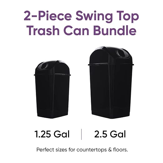 Superio Mini 1.25 Gallon and Small 2.5 Gallon Plastic Trash Cans with Swing Top Lid, Grey Waste Bin for Countertop, Desk, Vanity, Bathroom, 2 Pack (Black)