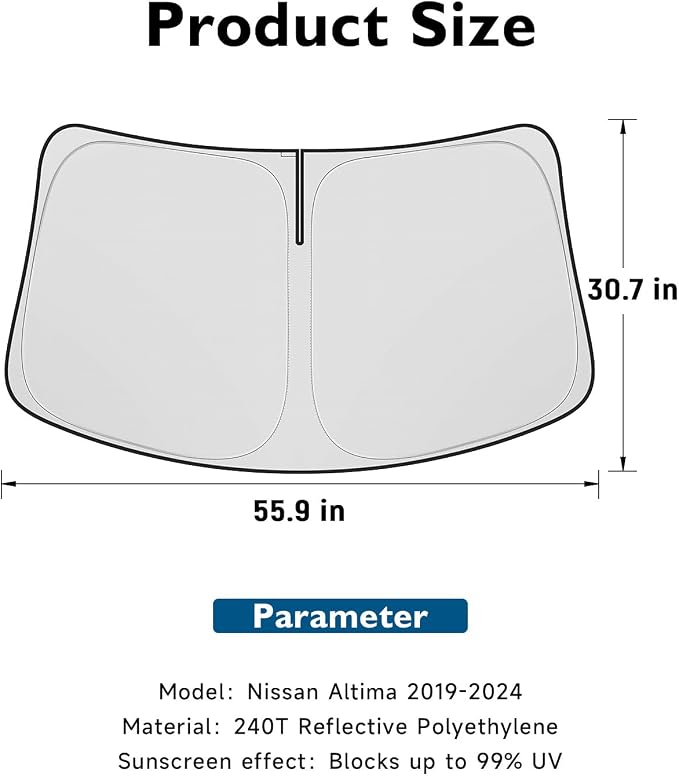 BIBLOZ Car Windshield Sun Shade for Nissan Altima 2019-2025 2026, S, SV, SR, SL, Platinum Accessories Foldable Car Sunshade Front Windshield Sun Visor PET Reflective Material