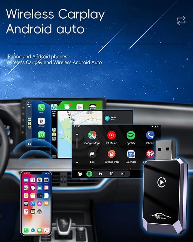 Mini Wireless CarPlay Adapter for iPhone, 2 in 1 CarPlay & Android Auto Compatible iOS10+/Android 11+, Convert Wired to Wireless Adapter for Apple Carplay, Stable Control & No Delay, w/USB-C