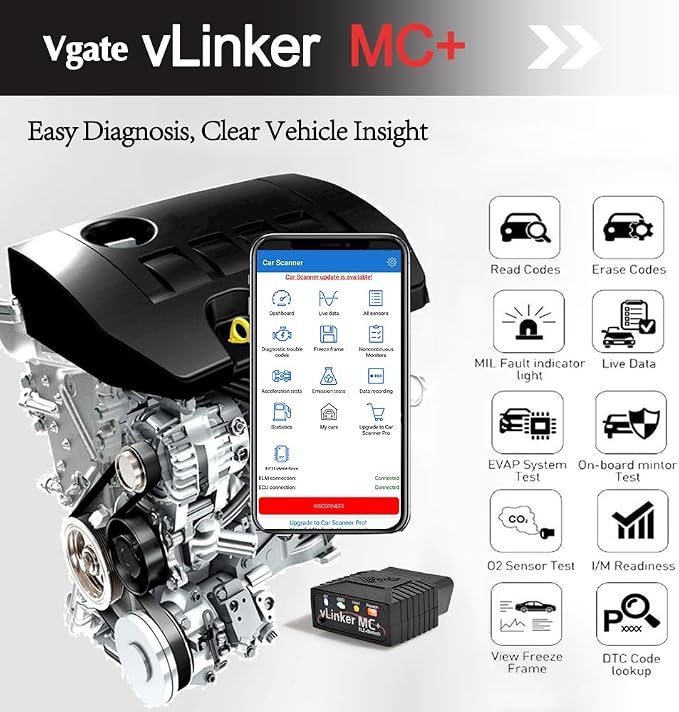 Vgate vLinker MC+ Bluetooth OBD2 Car Diagnostic Scan Tool for iOS, Android, Windows