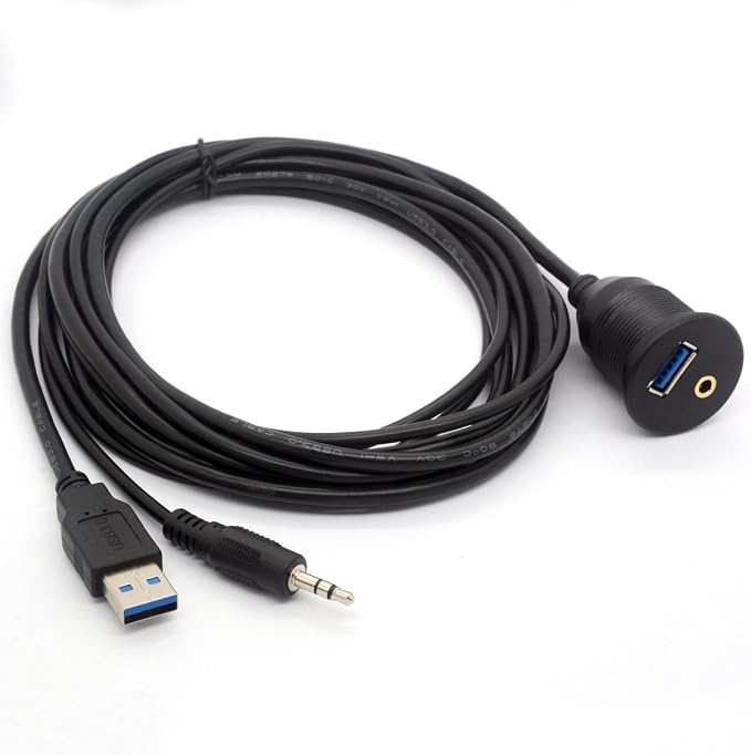 USB 3.0 Flush Mount Cable - USB 3.0 and 3.5mm Aux Extention Mount, Flush, Dash, Panel Mount Cable 1/8 AUX for Car Bike Boat Motorcycle Radio Stereo Android (2 Meter/6Ft)