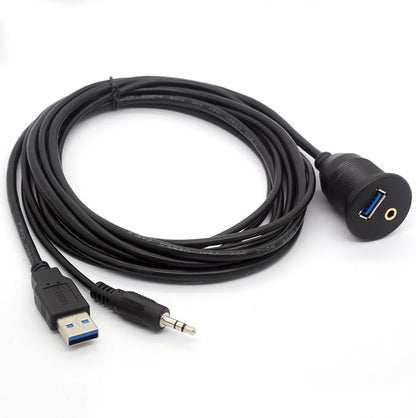 USB 3.0 Flush Mount Cable - USB 3.0 and 3.5mm Aux Extention Mount, Flush, Dash, Panel Mount Cable 1/8 AUX for Car Bike Boat Motorcycle Radio Stereo Android (2 Meter/6Ft)