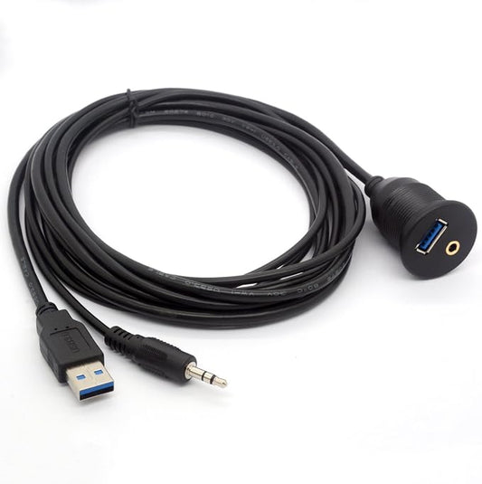 USB 3.0 Flush Mount Cable - USB 3.0 and 3.5mm Aux Extention Mount, Flush, Dash, Panel Mount Cable 1/8 AUX for Car Bike Boat Motorcycle Radio Stereo Android (2 Meter/6Ft)