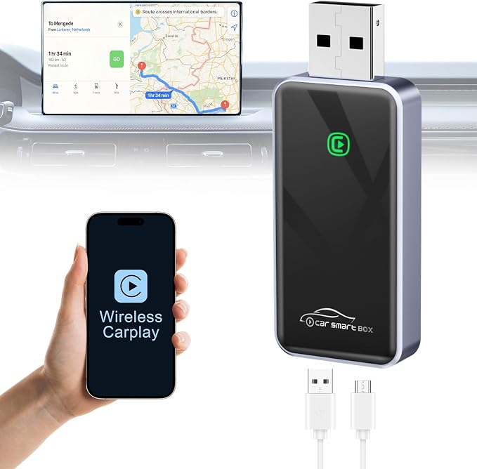 Wireless CarPlay Adapter for iPhone, HD Navigation Vehicle-Level Chip Stable Connect, Bluetooth CarPlay Plug & Play Convert Wired to Wireless CarPlay Adapter iOS 10+ & Cars from 2015+