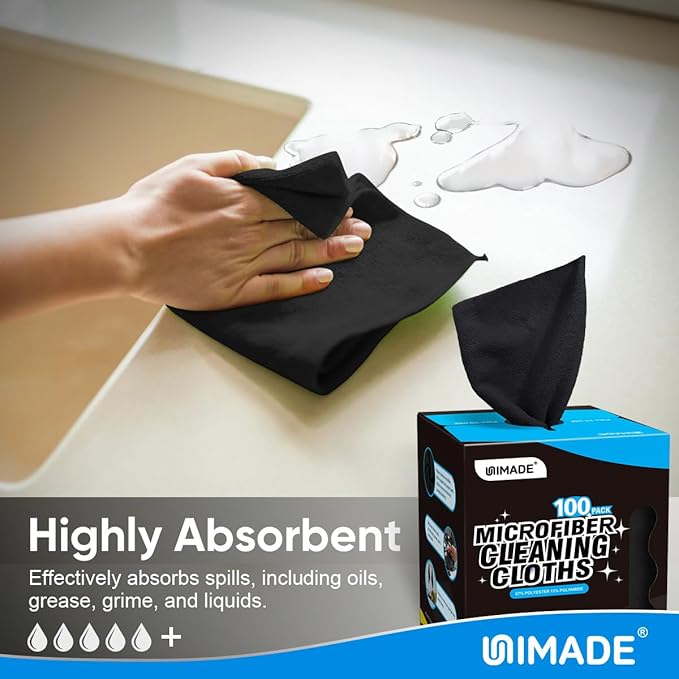 UNIMADE Microfiber Cleaning Cloth, 100 Sheets Microfiber Towels for Cars Commercial Grade Washcloths Lint-Free Bulk Shop Towel Cleaning Rags for Mechanic Restaurant Garage Housekeeping, 11"x 9", Black