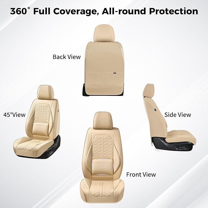 Huidasource Front Leather Seat Covers, Car Seat Covers Front Seats Universal Fit for Most Cars SUV Trucks, 360° Full Wrap Luxury Automotive Seat Covers, Seat Cushion Covers Protector, Beige