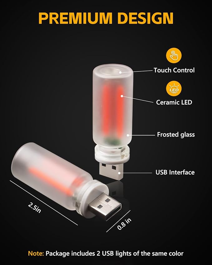 2PCS USB Car Lights, Touch Adjustment Lights, Plug in USB Vehicle Interior Ambient Light, Mini LED Retro Bulb Frosted Glass Night Light for Car, Camping, Holiday Decoration, Party, Bedroom (Red)
