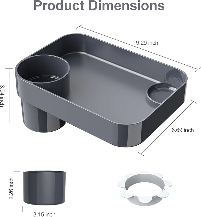 Car Seat Snack Tray for Toddlers - 3 Inch Cup Holder Fits Most Sippy Cups & Straw Bottles with Dip Well, Mess-Free Square Kids Travel Tray Road Trip Essentials, Dark Grey